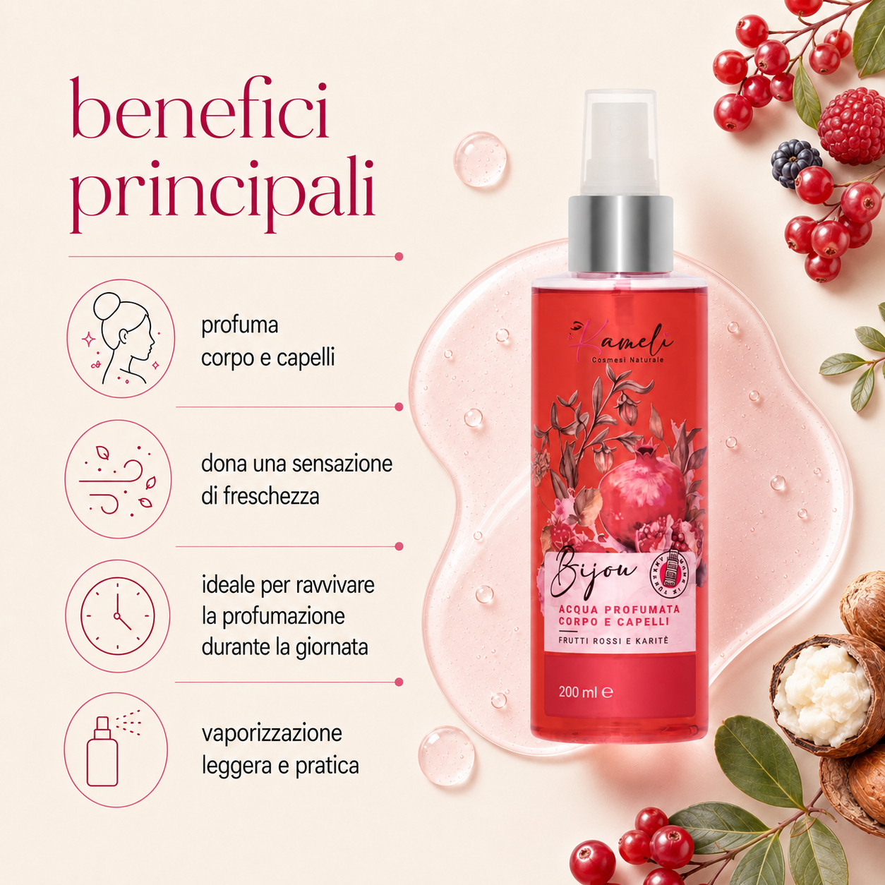 Kamelì - Bijou Acqua Profumata Corpo e Capelli Frutti Rossi e Karitè - immagine 2