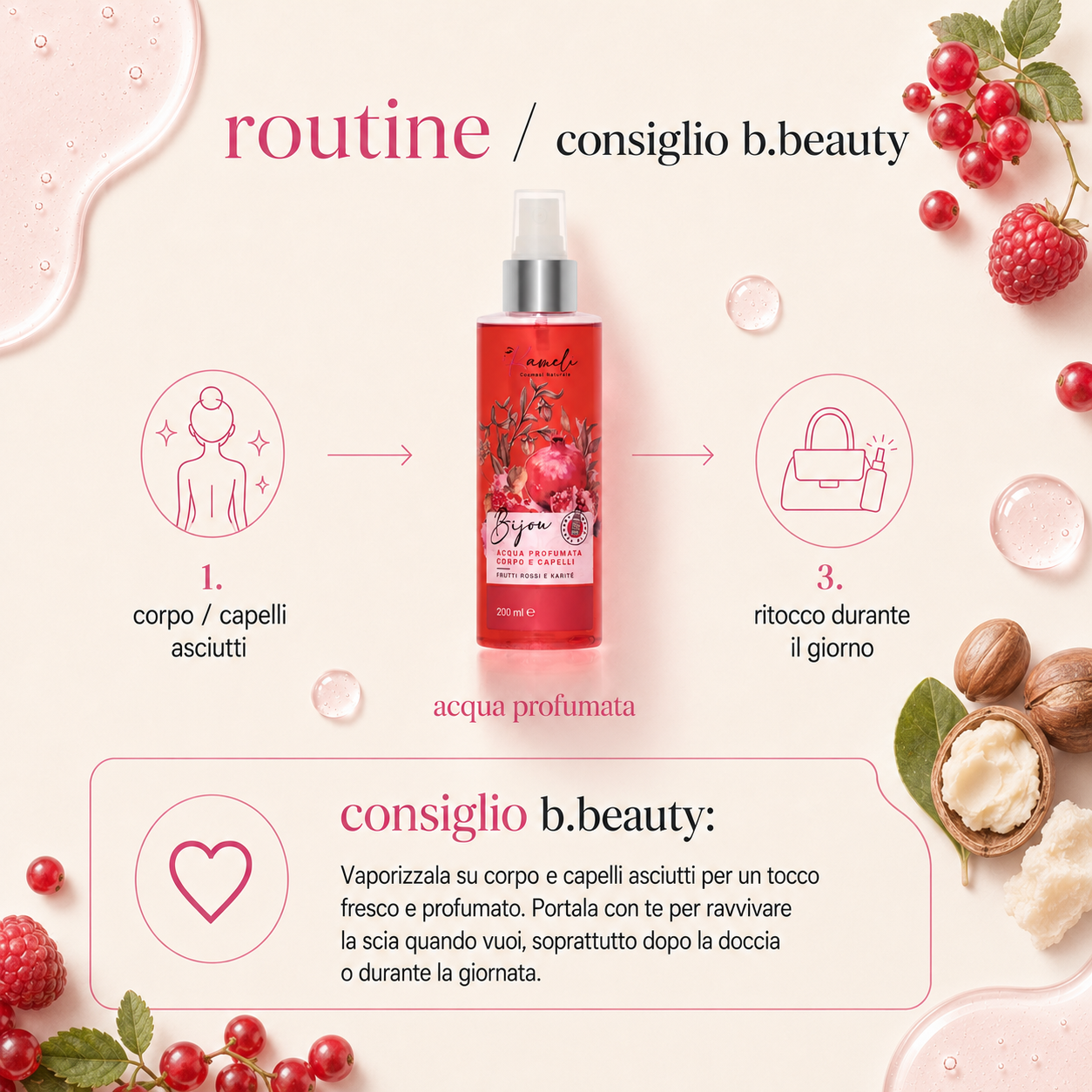 Kamelì - Bijou Acqua Profumata Corpo e Capelli Frutti Rossi e Karitè - immagine 4