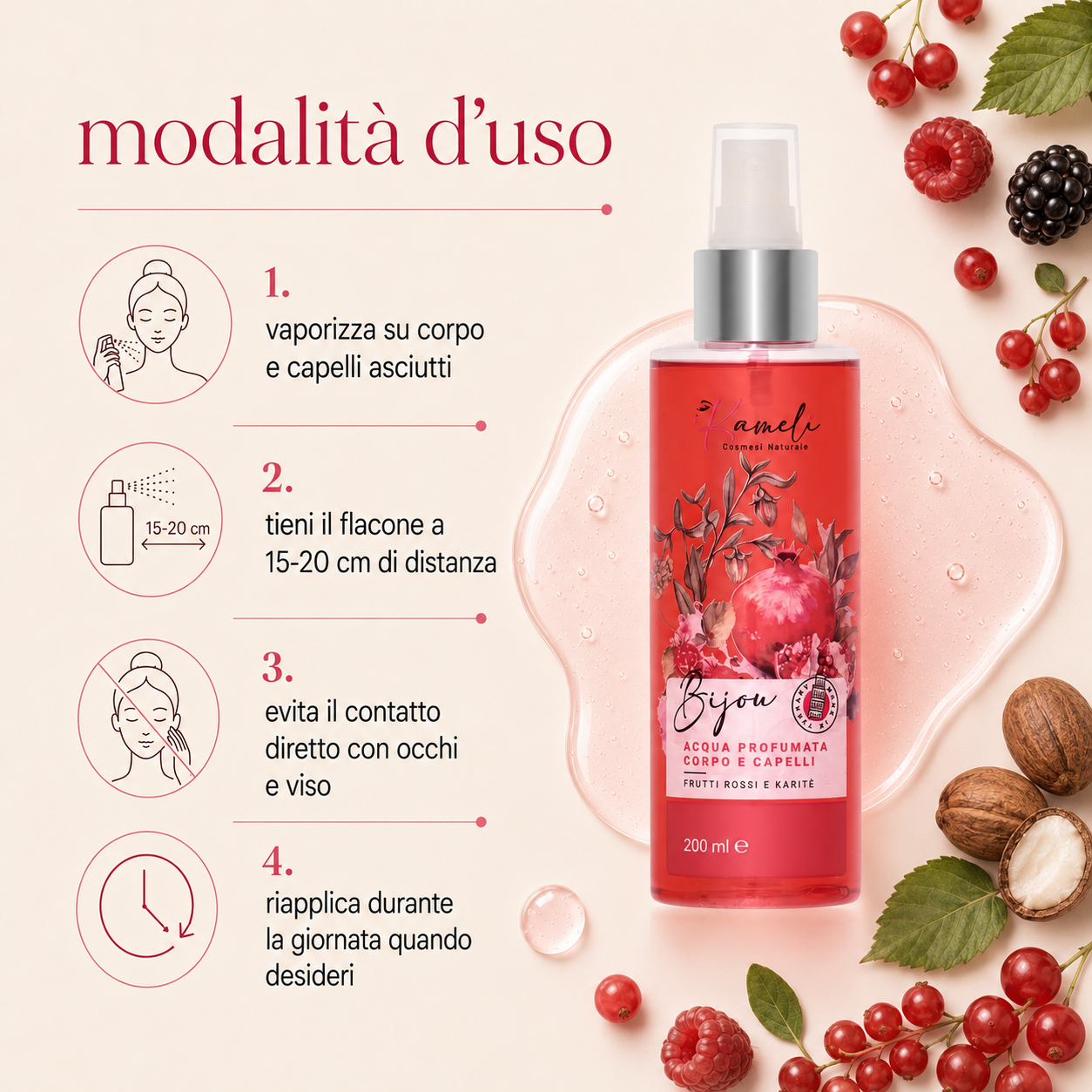 Kamelì - Bijou Acqua Profumata Corpo e Capelli Frutti Rossi e Karitè - immagine 3