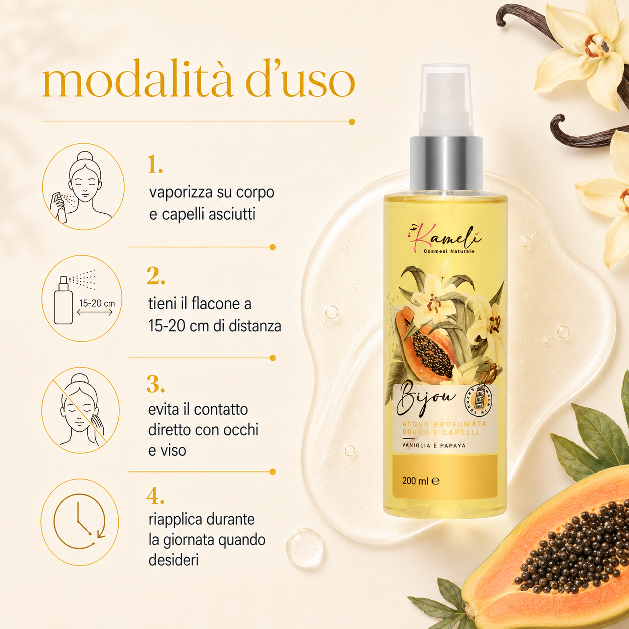 Kamelì - Bijou Acqua Profumata Corpo e Capelli Vaniglia e Papaya - immagine 3