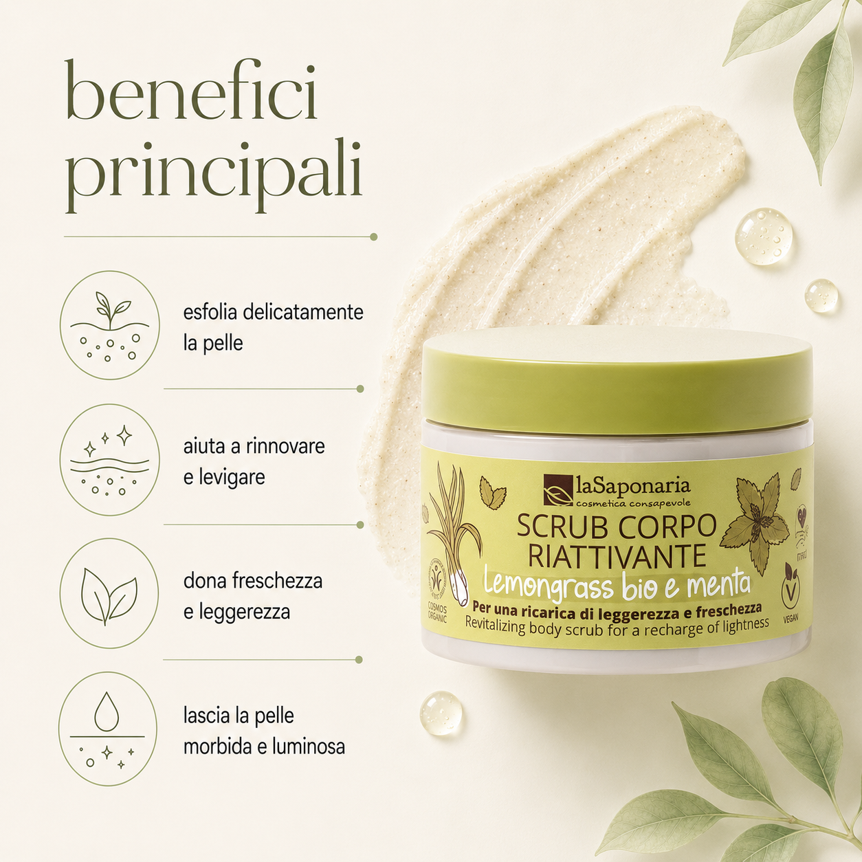 La Saponaria – Scrub Corpo Riattivante - Lemongrass Bio e Menta - immagine 2